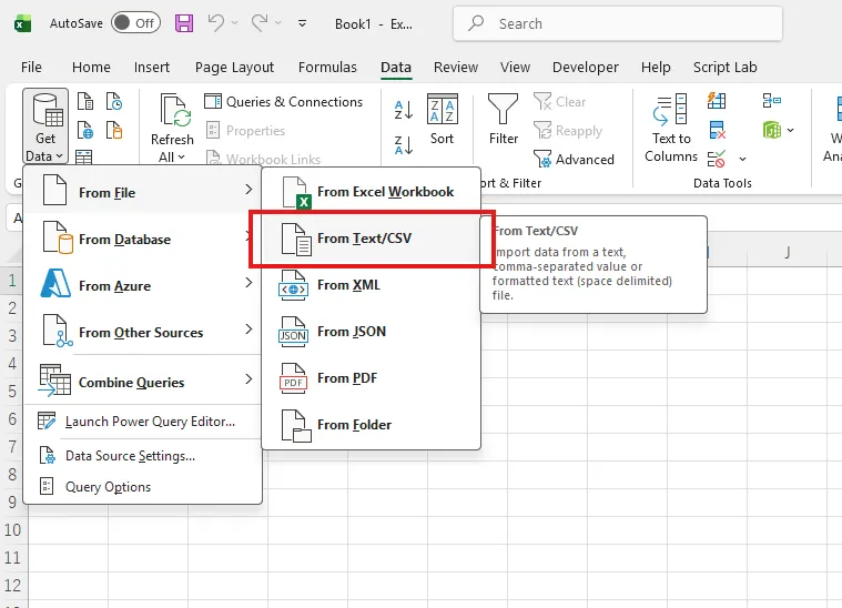 Excel Power Queryの「データの取得」→「テキストまたはCSVから」メニュー