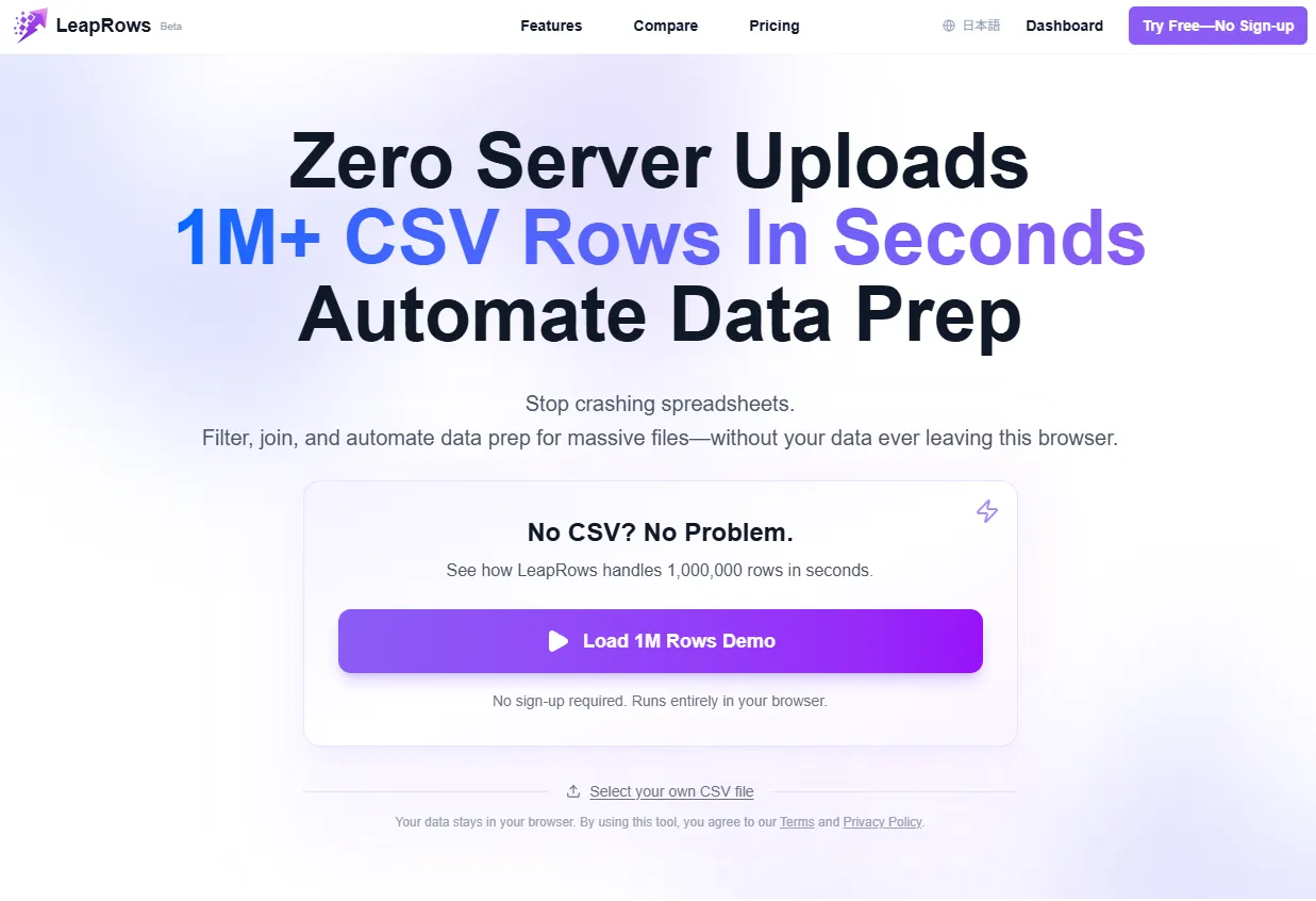 LeapRows — browser-based CSV to Parquet converter with no server uploads
