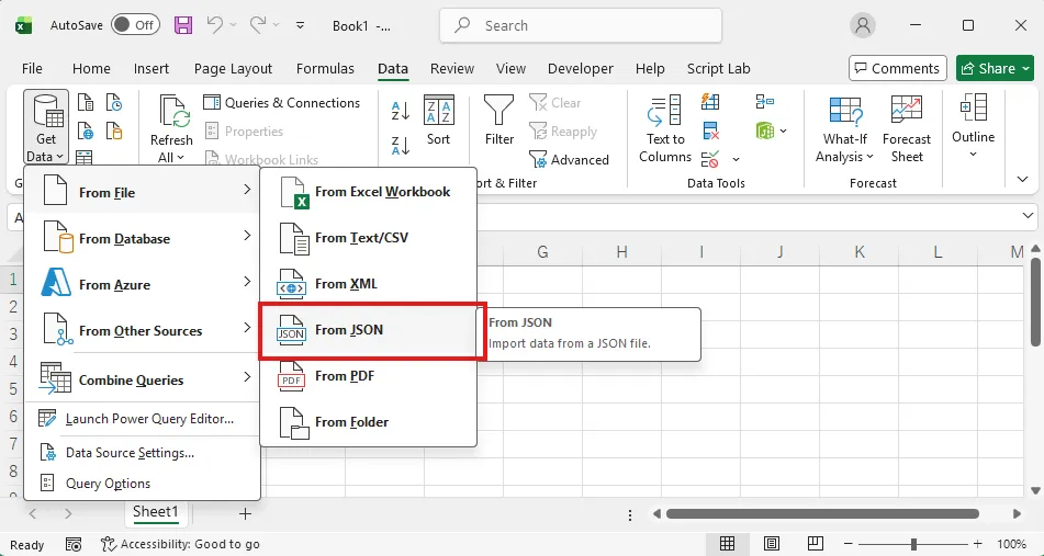 Excelの「データ」タブから「データの取得」→「JSONから」を選択するメニュー